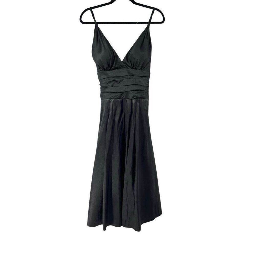 Bill Levkoff Shiny Black Braided Straps Ruched Stomach Holiday Party Dress‎